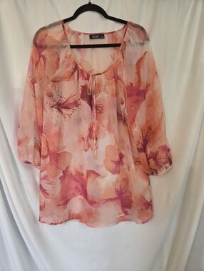 a.n.a Sheer Floral Tie-Neck In Coral, Pink, White Loose Fit. Size 1X